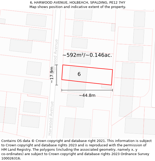 6, HARWOOD AVENUE, HOLBEACH, SPALDING, PE12 7HY: Plot and title map