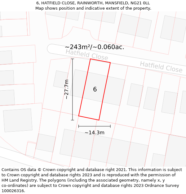 6, HATFIELD CLOSE, RAINWORTH, MANSFIELD, NG21 0LL: Plot and title map