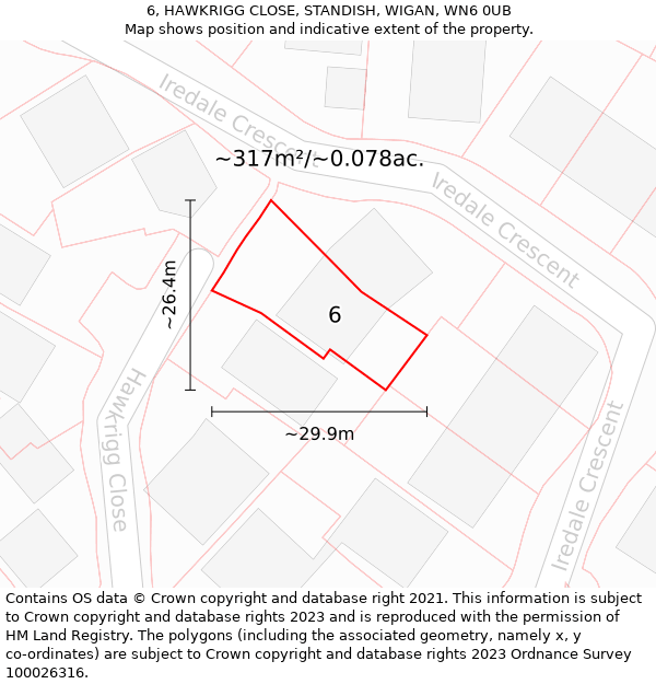 6, HAWKRIGG CLOSE, STANDISH, WIGAN, WN6 0UB: Plot and title map