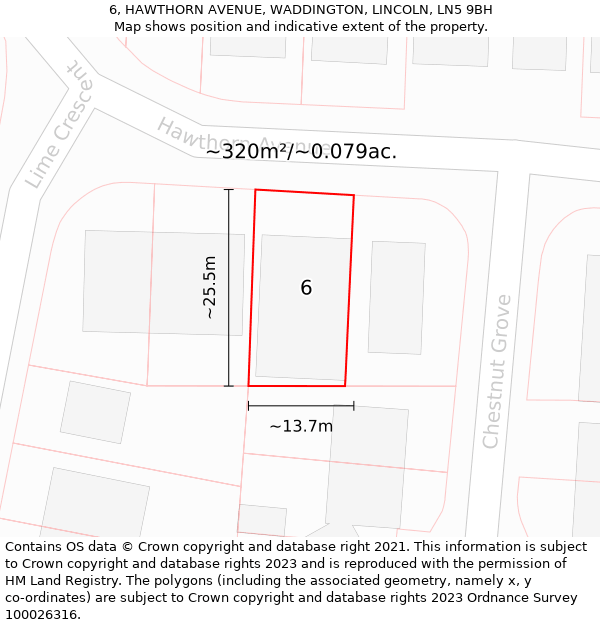 6, HAWTHORN AVENUE, WADDINGTON, LINCOLN, LN5 9BH: Plot and title map