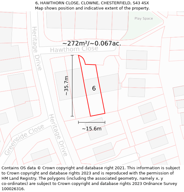 6, HAWTHORN CLOSE, CLOWNE, CHESTERFIELD, S43 4SX: Plot and title map