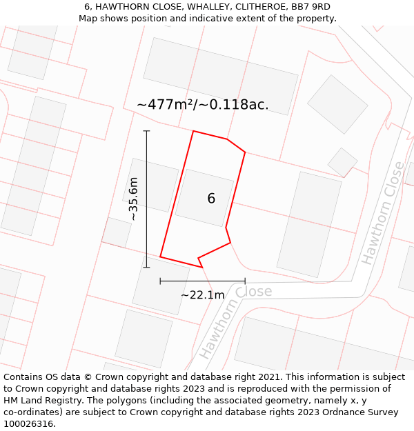 6, HAWTHORN CLOSE, WHALLEY, CLITHEROE, BB7 9RD: Plot and title map