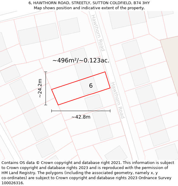 6, HAWTHORN ROAD, STREETLY, SUTTON COLDFIELD, B74 3HY: Plot and title map