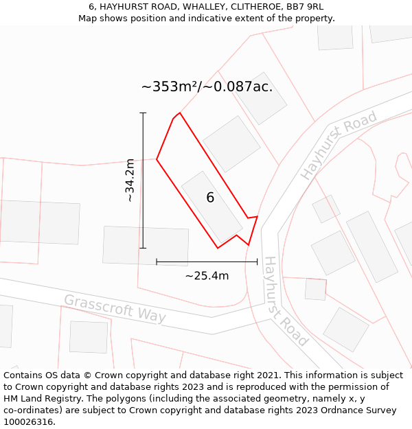 6, HAYHURST ROAD, WHALLEY, CLITHEROE, BB7 9RL: Plot and title map