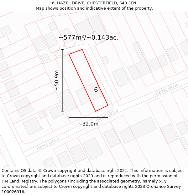 6, HAZEL DRIVE, CHESTERFIELD, S40 3EN: Plot and title map