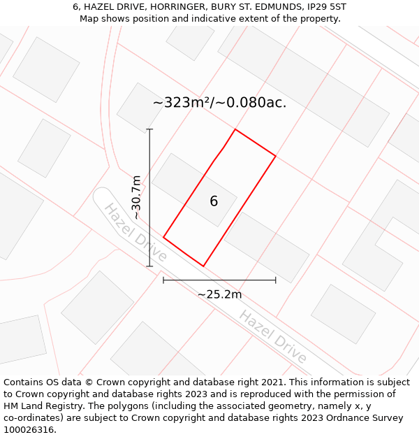 6, HAZEL DRIVE, HORRINGER, BURY ST. EDMUNDS, IP29 5ST: Plot and title map