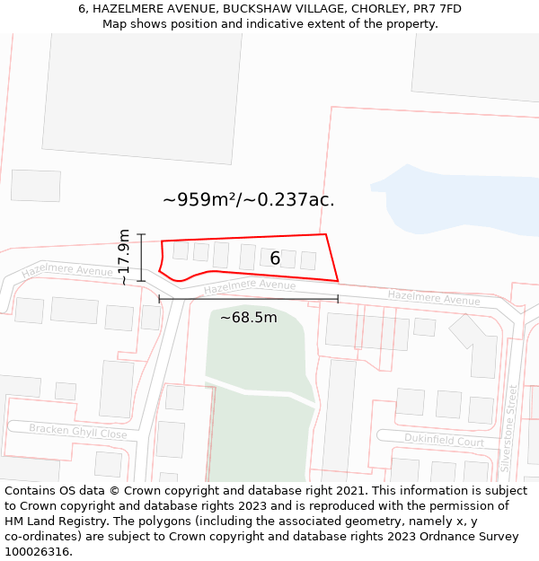 6, HAZELMERE AVENUE, BUCKSHAW VILLAGE, CHORLEY, PR7 7FD: Plot and title map