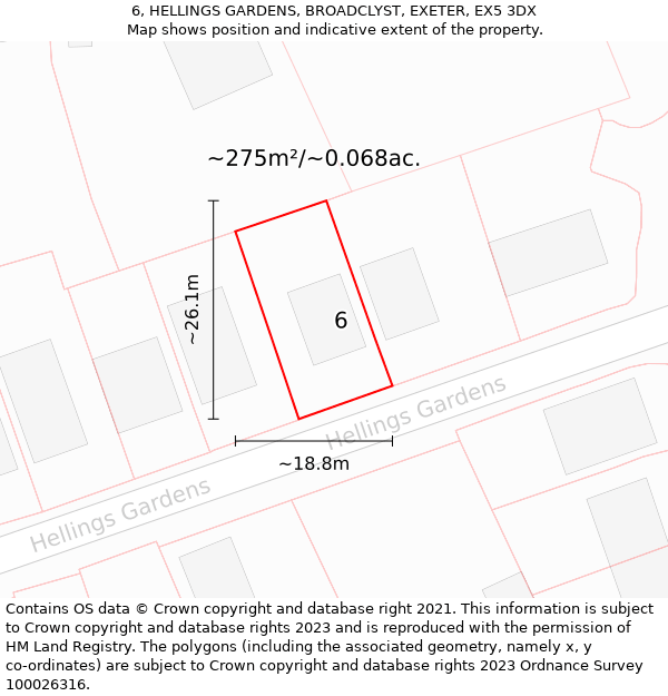 6, HELLINGS GARDENS, BROADCLYST, EXETER, EX5 3DX: Plot and title map