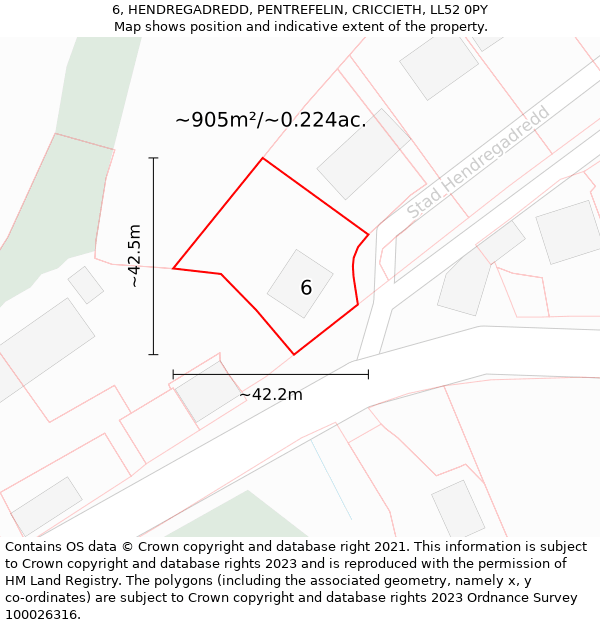 6, HENDREGADREDD, PENTREFELIN, CRICCIETH, LL52 0PY: Plot and title map