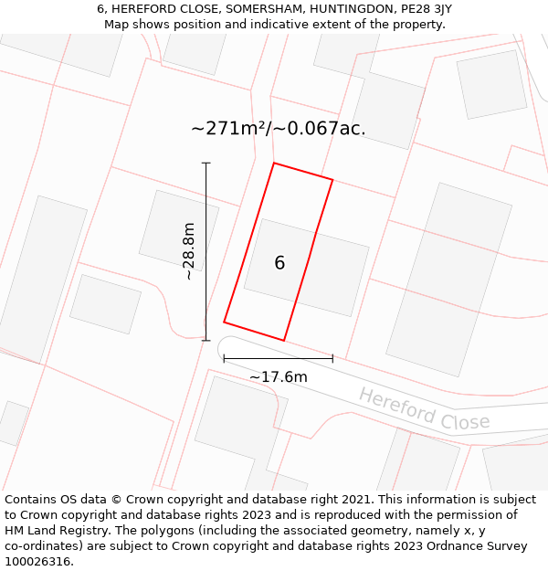 6, HEREFORD CLOSE, SOMERSHAM, HUNTINGDON, PE28 3JY: Plot and title map