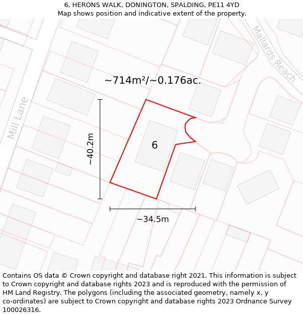 6, HERONS WALK, DONINGTON, SPALDING, PE11 4YD: Plot and title map