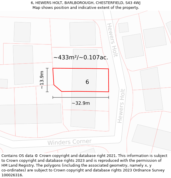 6, HEWERS HOLT, BARLBOROUGH, CHESTERFIELD, S43 4WJ: Plot and title map