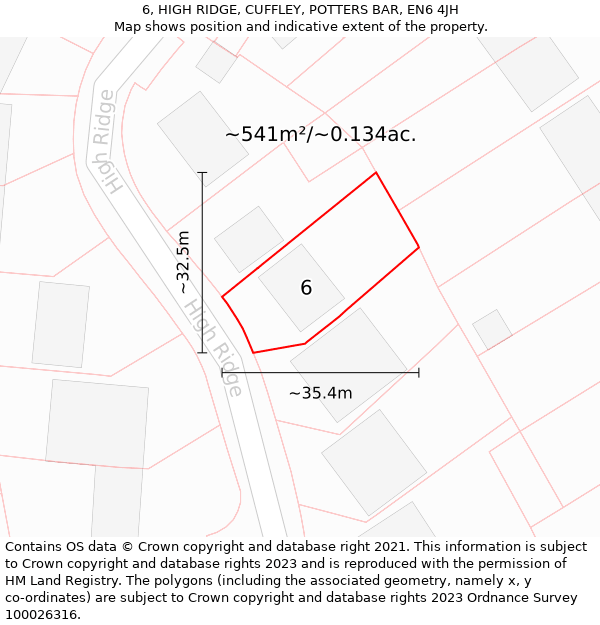 6, HIGH RIDGE, CUFFLEY, POTTERS BAR, EN6 4JH: Plot and title map