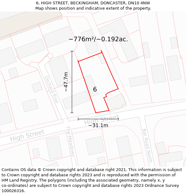 6, HIGH STREET, BECKINGHAM, DONCASTER, DN10 4NW: Plot and title map