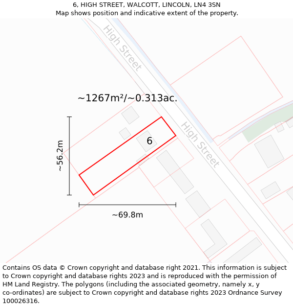 6, HIGH STREET, WALCOTT, LINCOLN, LN4 3SN: Plot and title map