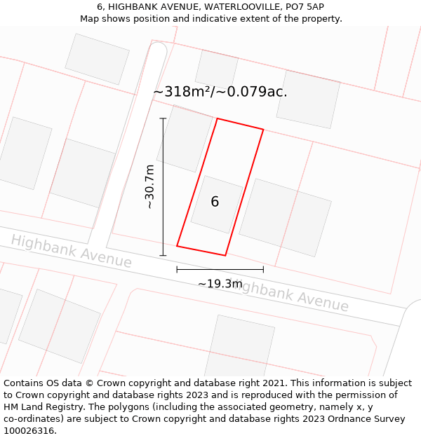 6, HIGHBANK AVENUE, WATERLOOVILLE, PO7 5AP: Plot and title map