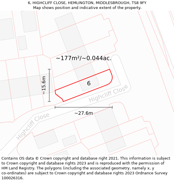 6, HIGHCLIFF CLOSE, HEMLINGTON, MIDDLESBROUGH, TS8 9FY: Plot and title map