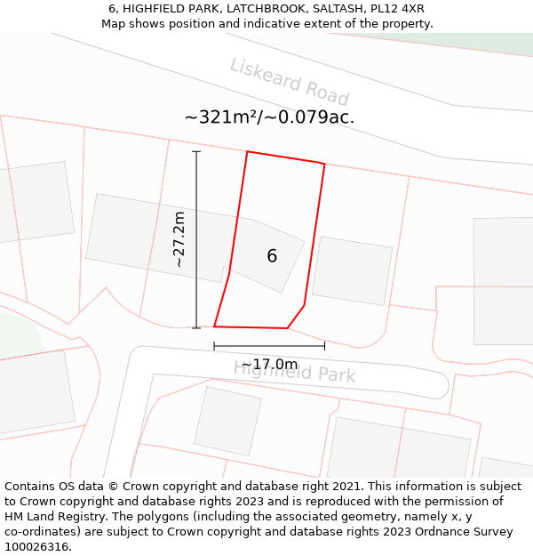 6, HIGHFIELD PARK, LATCHBROOK, SALTASH, PL12 4XR: Plot and title map