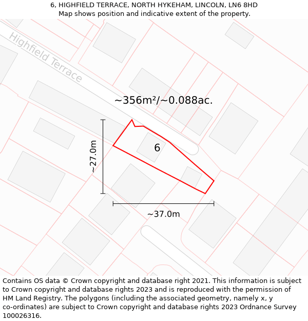 6, HIGHFIELD TERRACE, NORTH HYKEHAM, LINCOLN, LN6 8HD: Plot and title map