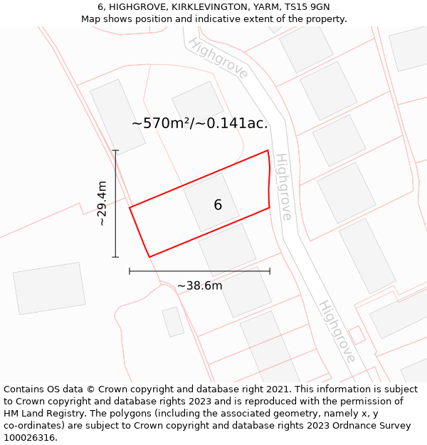 6, HIGHGROVE, KIRKLEVINGTON, YARM, TS15 9GN: Plot and title map