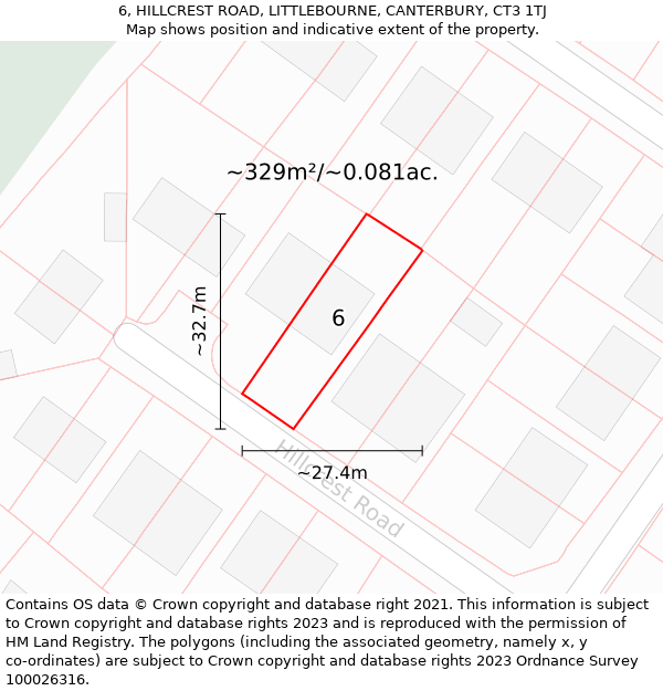 6, HILLCREST ROAD, LITTLEBOURNE, CANTERBURY, CT3 1TJ: Plot and title map