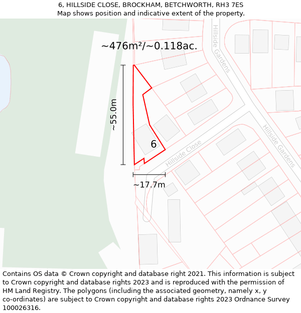 6, HILLSIDE CLOSE, BROCKHAM, BETCHWORTH, RH3 7ES: Plot and title map