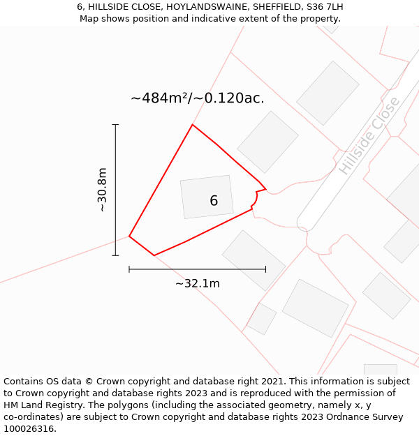 6, HILLSIDE CLOSE, HOYLANDSWAINE, SHEFFIELD, S36 7LH: Plot and title map