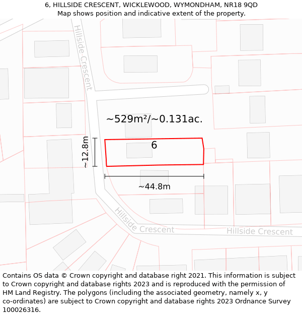 6, HILLSIDE CRESCENT, WICKLEWOOD, WYMONDHAM, NR18 9QD: Plot and title map