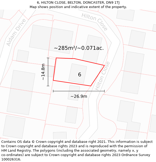 6, HILTON CLOSE, BELTON, DONCASTER, DN9 1TJ: Plot and title map