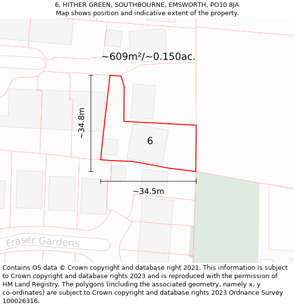 6, HITHER GREEN, SOUTHBOURNE, EMSWORTH, PO10 8JA: Plot and title map