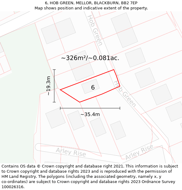 6, HOB GREEN, MELLOR, BLACKBURN, BB2 7EP: Plot and title map