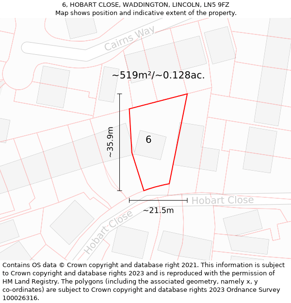 6, HOBART CLOSE, WADDINGTON, LINCOLN, LN5 9FZ: Plot and title map