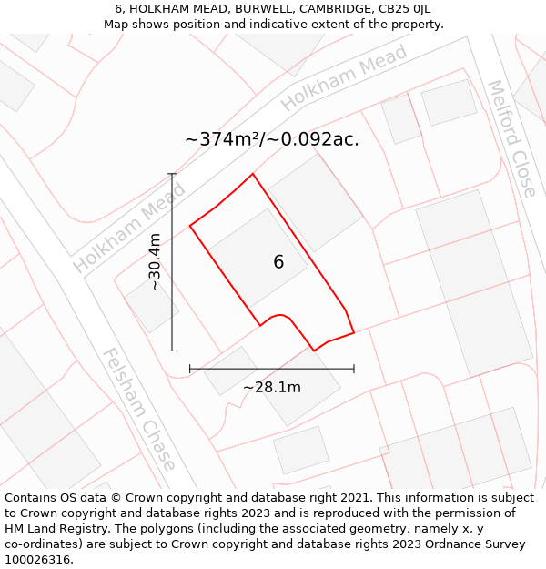 6, HOLKHAM MEAD, BURWELL, CAMBRIDGE, CB25 0JL: Plot and title map