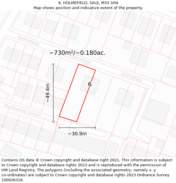 6, HOLMEFIELD, SALE, M33 3AN: Plot and title map