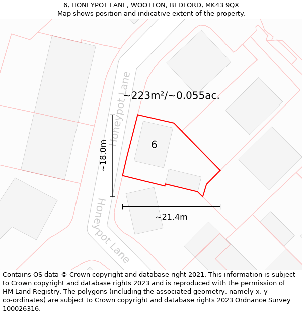 6, HONEYPOT LANE, WOOTTON, BEDFORD, MK43 9QX: Plot and title map