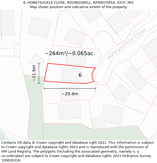 6, HONEYSUCKLE CLOSE, ROUNDSWELL, BARNSTAPLE, EX31 3RX: Plot and title map