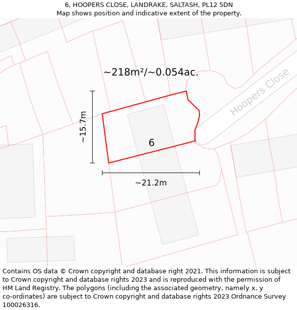 6, HOOPERS CLOSE, LANDRAKE, SALTASH, PL12 5DN: Plot and title map