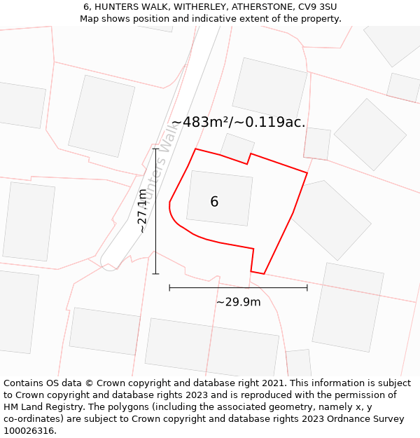 6, HUNTERS WALK, WITHERLEY, ATHERSTONE, CV9 3SU: Plot and title map