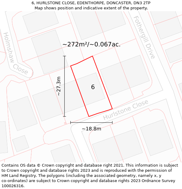 6, HURLSTONE CLOSE, EDENTHORPE, DONCASTER, DN3 2TP: Plot and title map