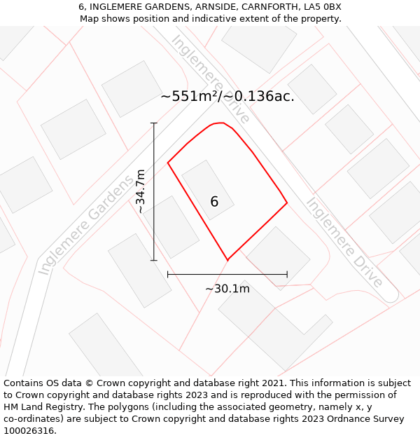 6, INGLEMERE GARDENS, ARNSIDE, CARNFORTH, LA5 0BX: Plot and title map