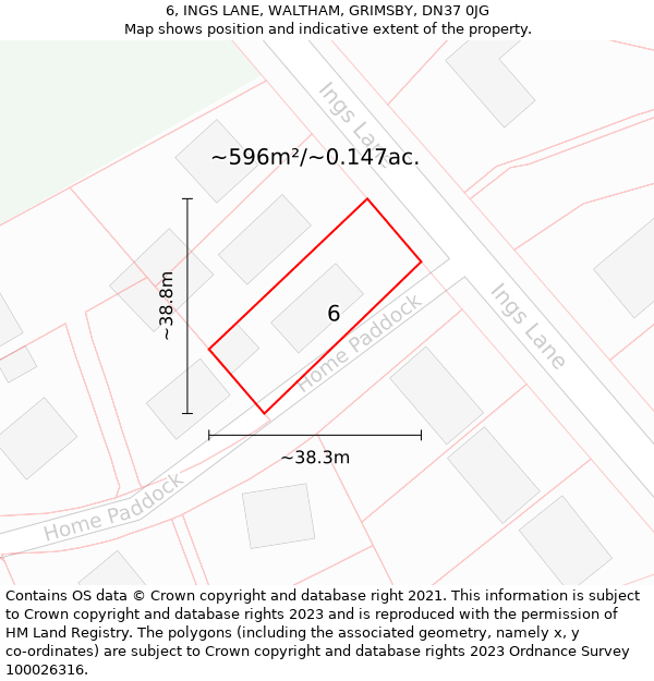 6, INGS LANE, WALTHAM, GRIMSBY, DN37 0JG: Plot and title map