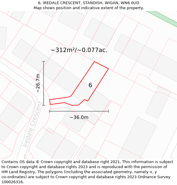 6, IREDALE CRESCENT, STANDISH, WIGAN, WN6 0UD: Plot and title map