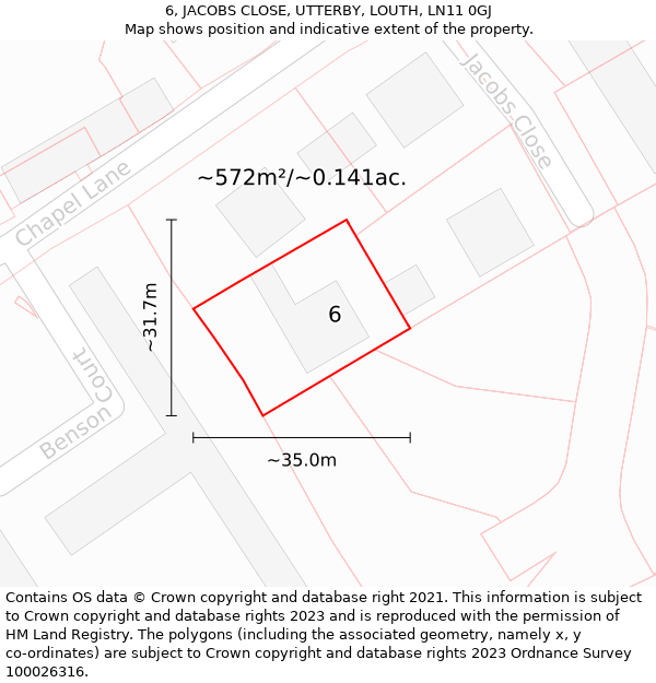 6, JACOBS CLOSE, UTTERBY, LOUTH, LN11 0GJ: Plot and title map