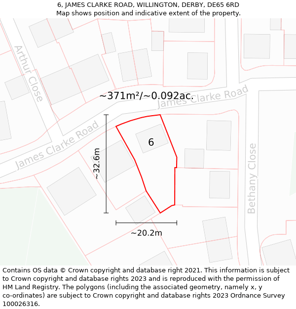 6, JAMES CLARKE ROAD, WILLINGTON, DERBY, DE65 6RD: Plot and title map