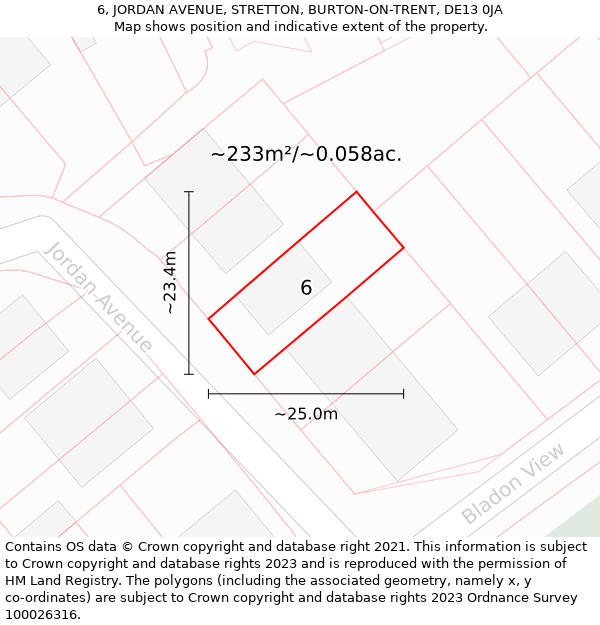 6, JORDAN AVENUE, STRETTON, BURTON-ON-TRENT, DE13 0JA: Plot and title map