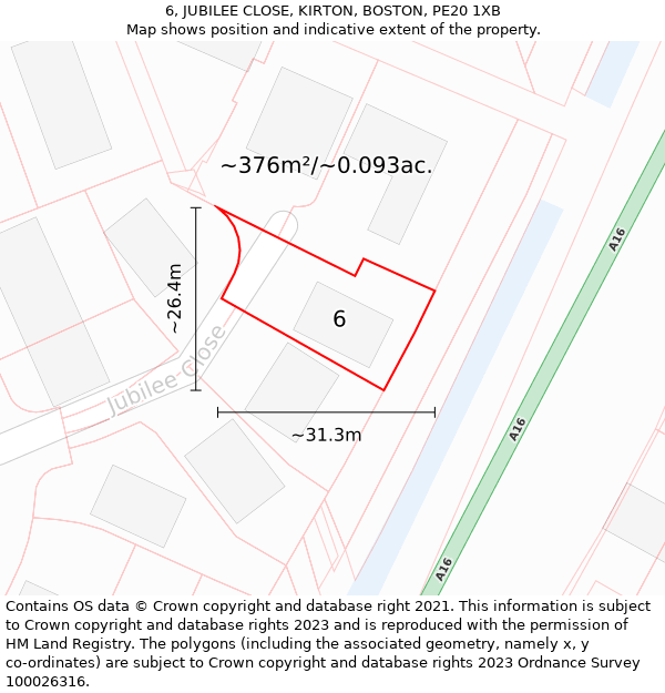 6, JUBILEE CLOSE, KIRTON, BOSTON, PE20 1XB: Plot and title map