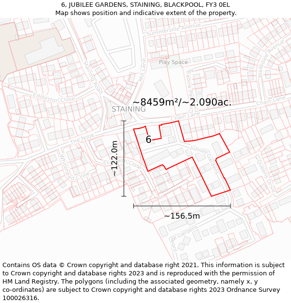 6, JUBILEE GARDENS, STAINING, BLACKPOOL, FY3 0EL: Plot and title map