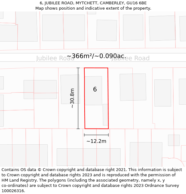 6, JUBILEE ROAD, MYTCHETT, CAMBERLEY, GU16 6BE: Plot and title map