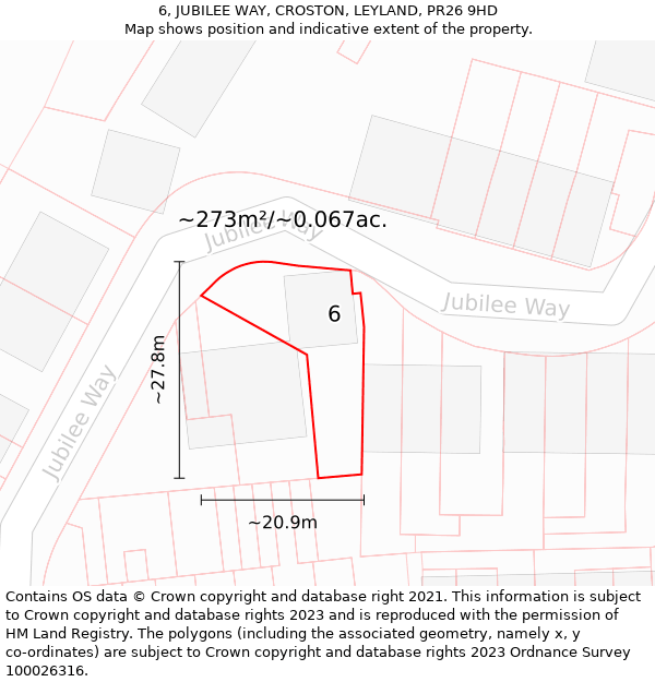6, JUBILEE WAY, CROSTON, LEYLAND, PR26 9HD: Plot and title map