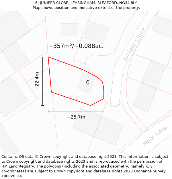 6, JUNIPER CLOSE, LEASINGHAM, SLEAFORD, NG34 8LY: Plot and title map